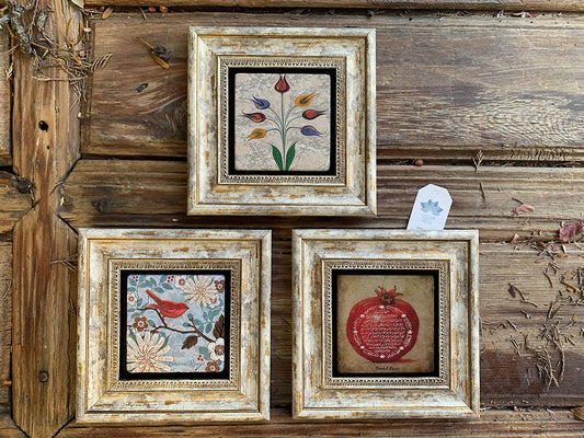Framed Stone Wall Decoration Painting Set of 3 8" x 8" Pomegranate Praying Bird and Marbling