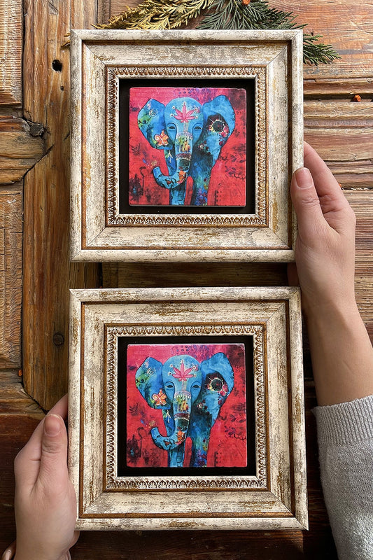 Framed Stone Wall Decoration Painting 8" x 8" Set of 2 Elephant