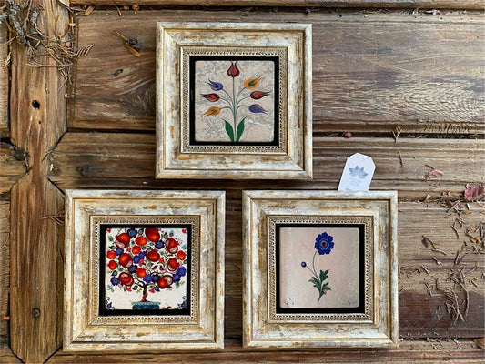 Framed Stone Wall Decoration 8" x 8" Set of 3 Pomegranate Tree Marbled Flower Tulip