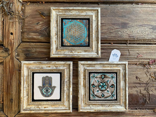 Framed Stone Wall Decoration Painting Set of 3 8" x 8" Fatma Mother Flower of Life Pattern