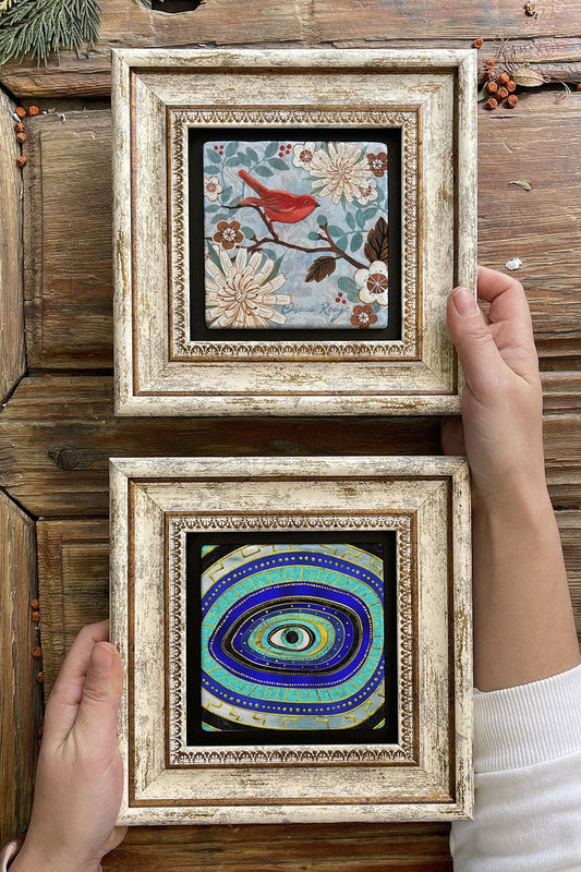 Framed Stone Wall Decoration Painting 8" x 8" Set of 2 (1100-1259) Evil Eye Bird