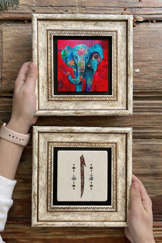 Framed Stone Wall Decoration Painting 8" x 8" Set of 2 (1488-321) Elephant Elif