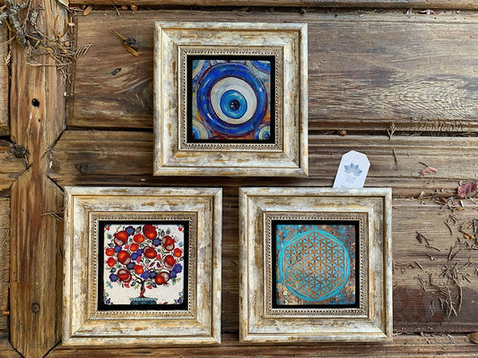 Framed Stone Wall Decoration Painting Set of 3 8" x 8" Evil Eye Bead Pomegranate Tree