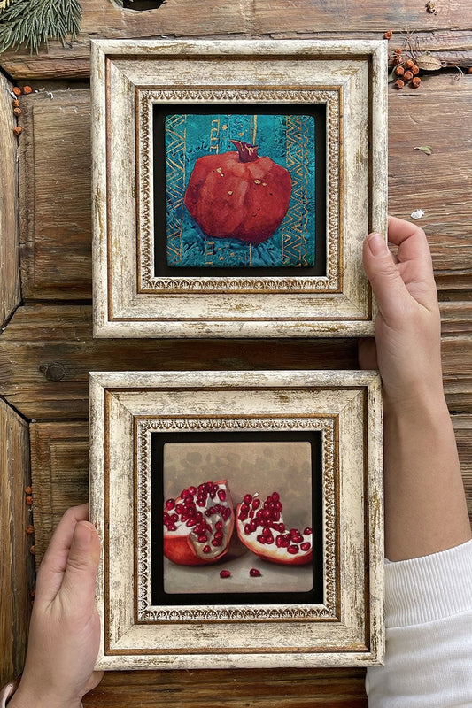 Framed Stone Wall Decoration Painting 8" x 8" Set of 2 (480-476) Pomegranate Pomegranate
