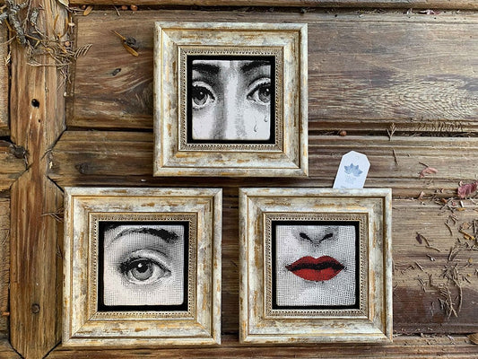 Framed Stone Wall Decoration Painting Set of 3 8" x 8" Fornasetti Paintings