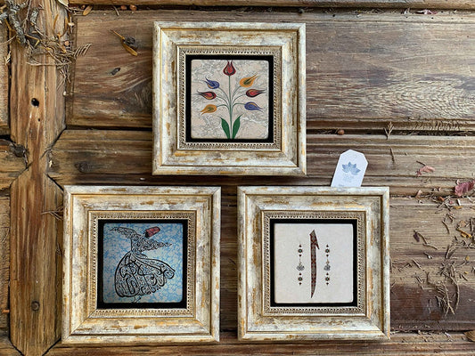 Framed Stone Wall Decoration Painting Set of 3 8" x 8" Whirling Dervish Ebruli Elif
