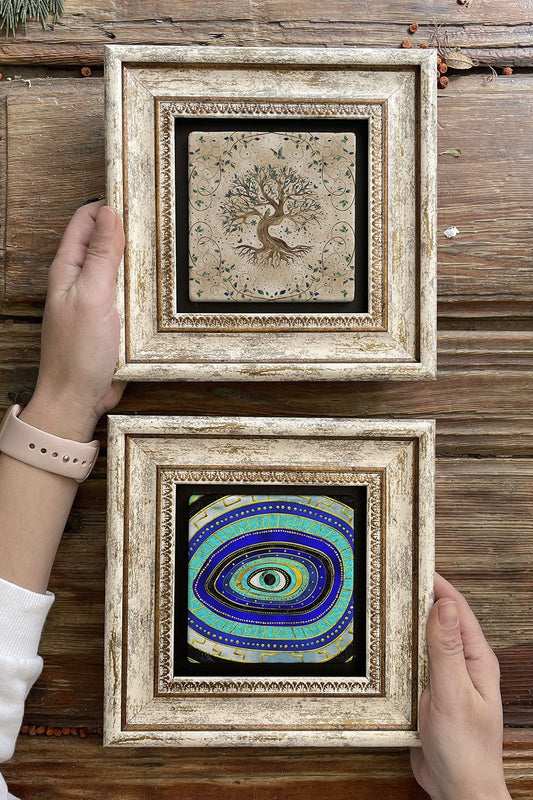 Framed Stone Wall Decoration Painting 8" x 8" Set of 2 (540-1100) Tree of Life Evil Eye