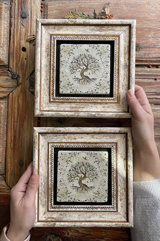 Framed Stone Wall Decoration Painting 8" x 8" Set of 2 Tree of Life