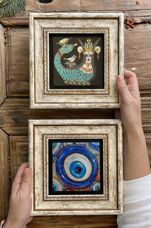 Framed Stone Wall Decoration Painting 8" x 8" Set of 2 (1213-1488) Shahmaran Elephant