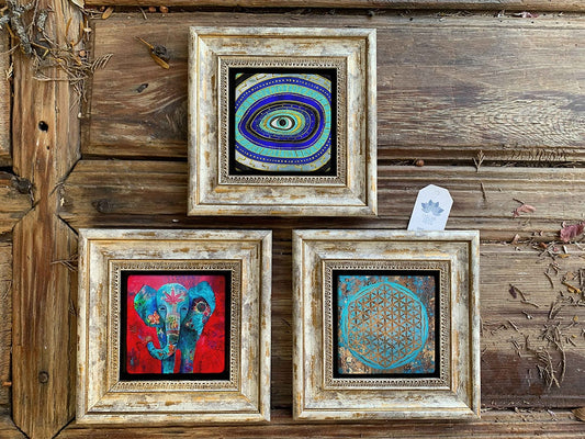 Framed Stone Wall Decoration Painting Set of 3 8" x 8" Evil Eye Flower of Life Elephant