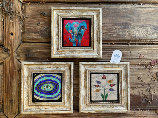 Framed Stone Wall Decoration Painting Set of 3 8" x 8" Elephant Marbled Flower Evil Eye