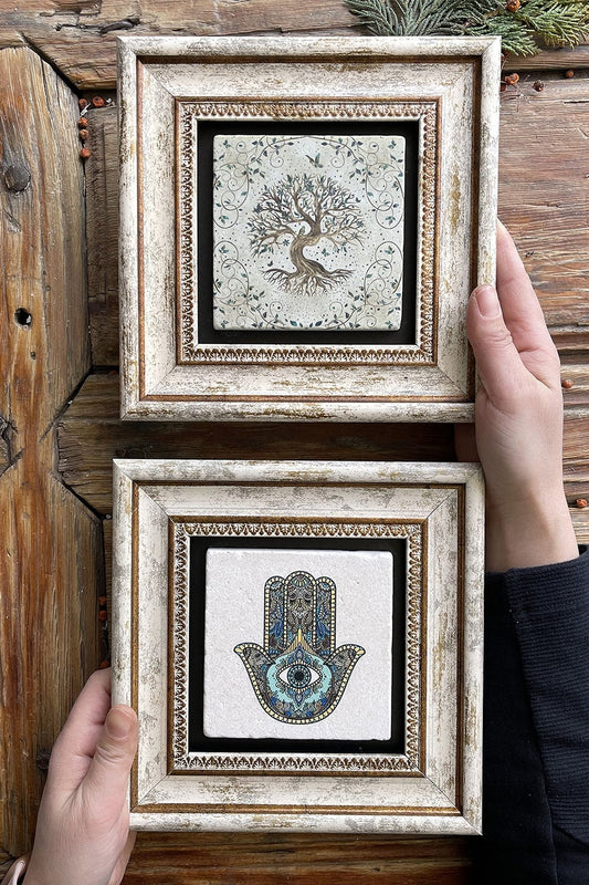 Framed Stone Wall Decoration Painting 8" x 8" Set of 2 (114-540) Mother Fatma Tree of Life