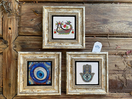 Framed Stone Wall Decoration Painting Set of 3 8" x 8" Fatma Ana Nazar Boncuk Shahmeran
