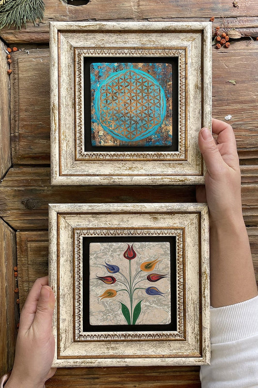 Framed Stone Wall Decoration Painting 8" x 8" Set of 2 (1090-499) Flower of Life Ebruli