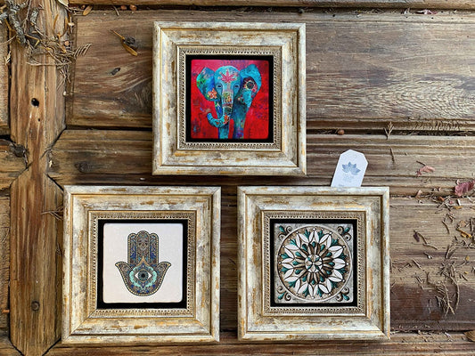 Framed Stone Wall Decoration Painting Set of 3 8" x 8" Elephant Pattern Fatima Mother Hand