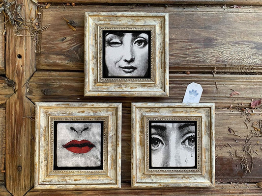 Framed Stone Wall Decoration Painting Set of 3 8" x 8" Fornasetti Paintings
