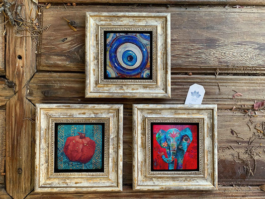 Framed Stone Wall Decoration Painting Set of 3 8" x 8" Pomegranate Elephant and Evil Eye Bead