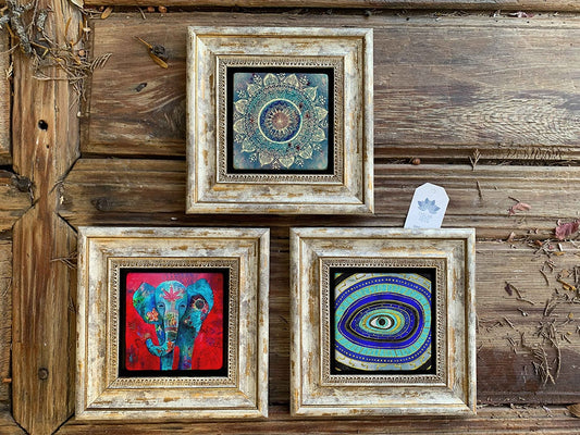 Framed Stone Wall Decoration Painting Set of 3 8" x 8" Pattern Elephant Evil Eye