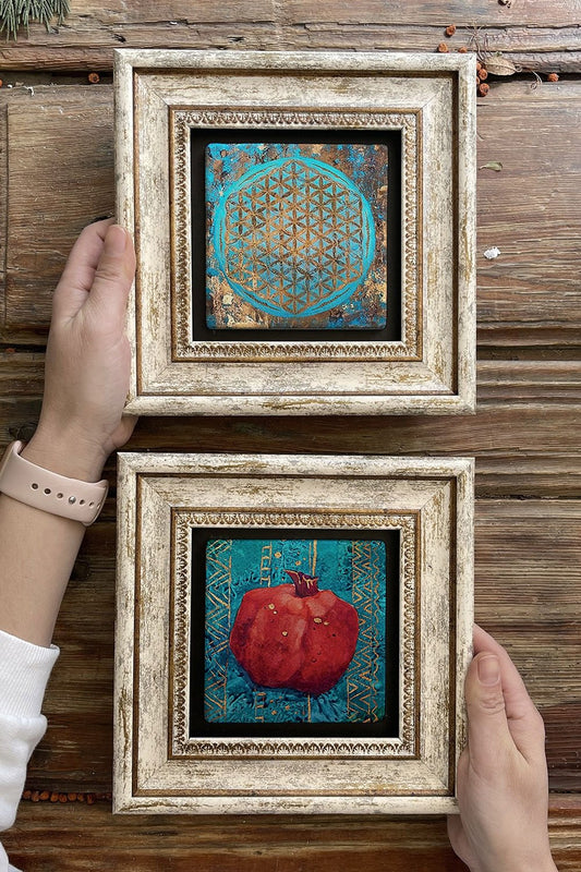Framed Stone Wall Decoration Painting 8" x 8" Set of 2 (480-1090) Pomegranate Flower of Life