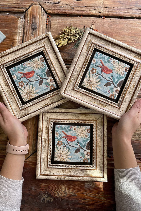 Framed Stone Wall Decoration Painting 8" x 8" Set of 3 Birds