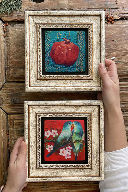 Framed Stone Wall Decoration Painting 8" x 8" Set of 2 (480-1230) Nar Kuş