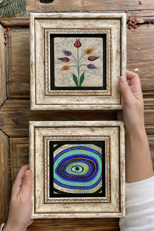 Framed Stone Wall Decoration Painting 8" x 8" Set of 2 (1100-499) Evil Eye Ebruli