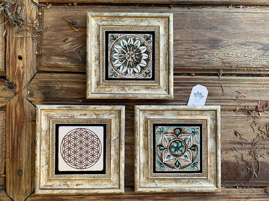 Framed Stone Wall Decoration Painting Set of 3 8" x 8" Flower of Life and Pattern Set