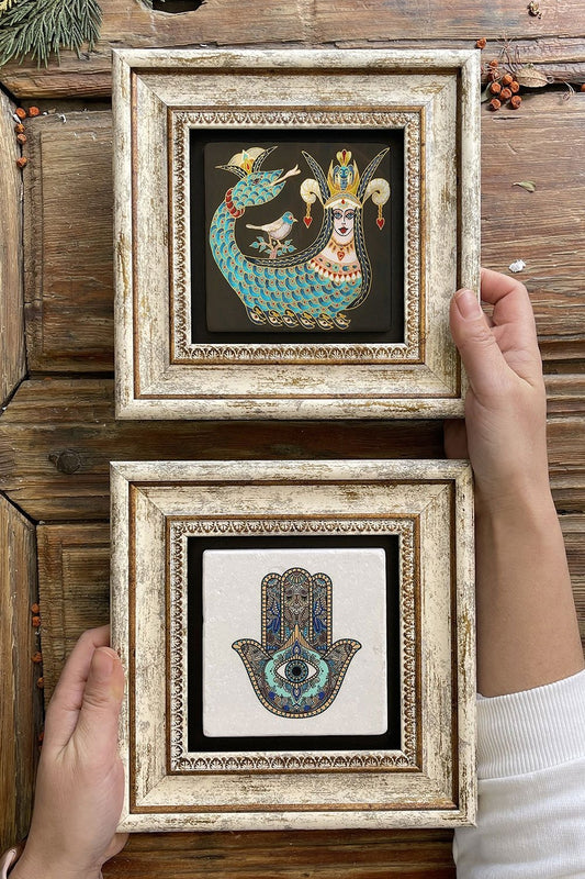 Framed Stone Wall Decoration Painting 8" x 8" Set of 2 (1213-114) Şahmeran Fatma Ana