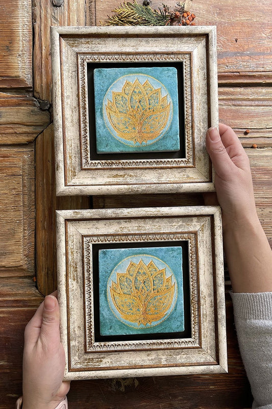 Framed Stone Wall Decoration Painting 8" x 8" Set of 2 Lotus Flower