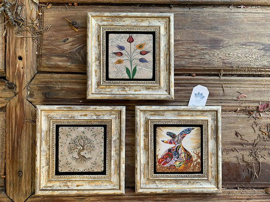 Framed Stone Wall Decoration Painting Set of 3 8" x 8" Tree of Life Ebruli Whirling Dervish