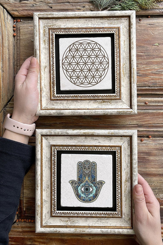 Framed Stone Wall Decoration Painting 8" x 8" Set of 2 (114-7774) Fatma Flower of Life