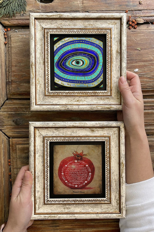 Framed Stone Wall Decoration Painting 8" x 8" Set of 2 (1104-1100) Blessings Evil Eye