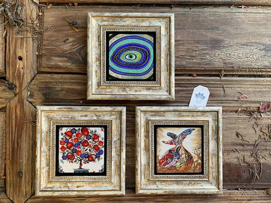 Framed Stone Wall Decoration Painting Set of 3 8" x 8" Evil Eye Whirling Dervish Pomegranate Tree