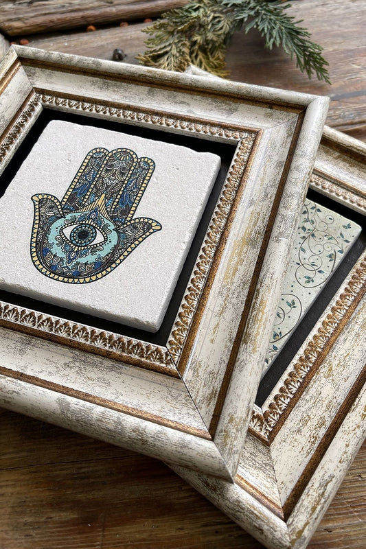 Framed Stone Wall Decoration Painting 8" x 8" Set of 2 (114-540) Mother Fatma Tree of Life