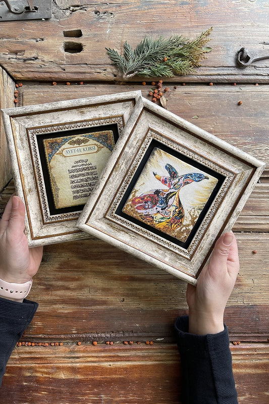 Framed Stone Wall Decoration Painting 8" x 8" Set of 2 (60-463) Whirling Dervish Ayetel Kursi