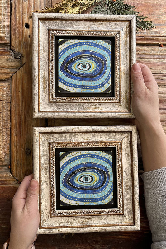 Framed Stone Wall Decoration Painting 8" x 8" Set of 2 Evil Eye