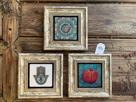 Framed Stone Wall Decoration Painting Set of 3 8" x 8" Pattern Pomegranate Fatma Ana Hand