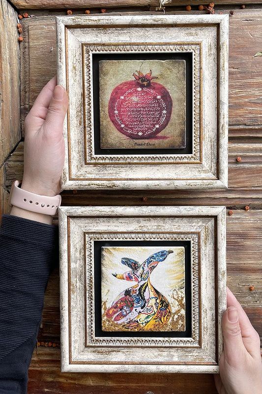 Framed Stone Wall Decoration Painting 8" x 8" Set of 2 (60-1104) Whirling Dervish, Abundance Pomegranate