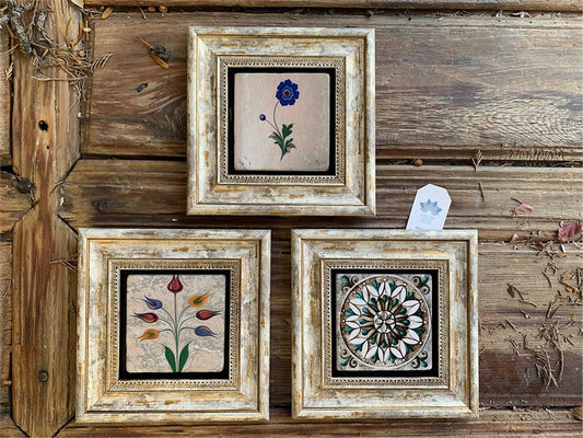 Framed Stone Wall Decoration Panel 8" x 8" Set of 3 Patterns and Marbled Flowers