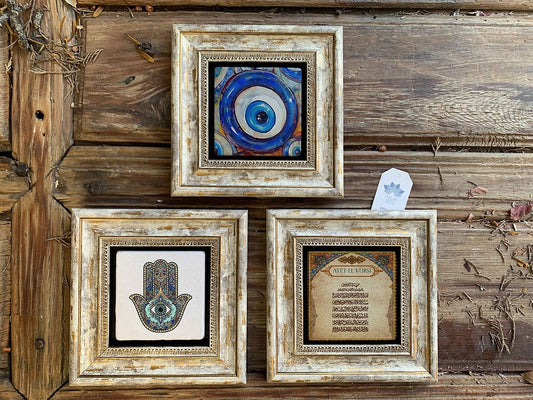 Framed Stone Wall Decoration Painting Set of 3 8" x 8" Nazar Fatma Ana Ayetel Kursi