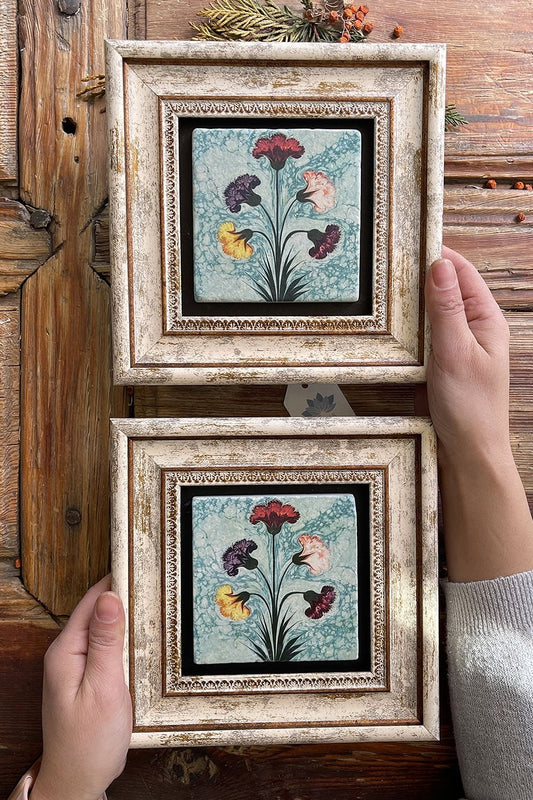 Framed Stone Wall Decoration Painting 8" x 8" Set of 2 Marbled Flowers