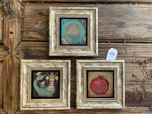 Framed Stone Wall Decoration Painting Set of 3 8" x 8" Flower of Life Pomegranate Prayer Sahmeran