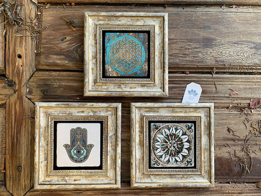 Framed Stone Wall Decoration Painting Set of 3 8" x 8" Flower of Life Pattern Fatma Ana