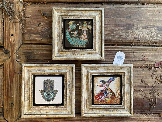 Framed Stone Wall Decoration Painting Set of 3 8" x 8" Shahmeran Whirling Dervish Fatma Mother Hand