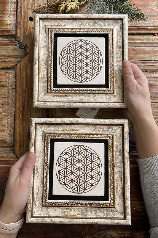 Framed Stone Wall Decoration Painting 8" x 8" Set of 2 Flower of Life