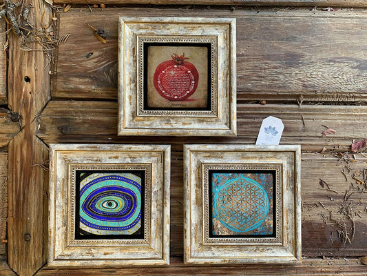 Framed Stone Wall Decoration Painting Set of 3 8" x 8" Pomegranate Prayer Flower of Life Evil Eye