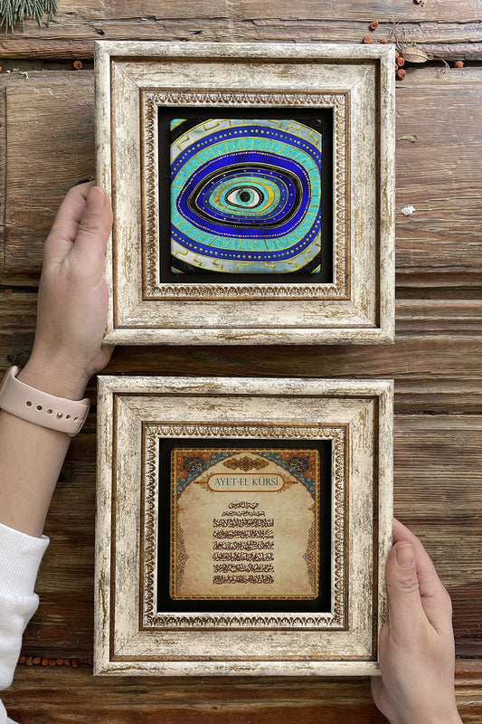 Framed Stone Wall Decoration Painting 8" x 8" Set of 2 (1100-463) Evil Eye Ayetel