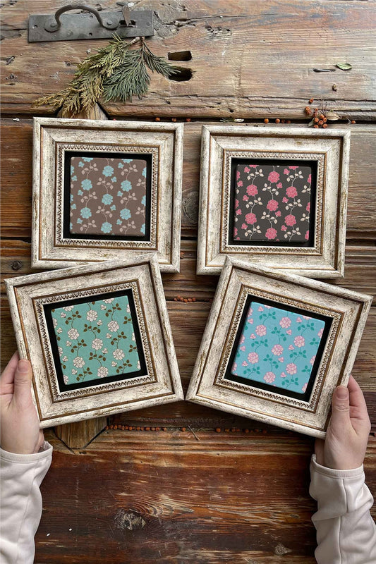 Framed Stone Painting Wall Decoration 8" x 8" Set of 4 Flowers
