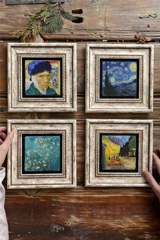 Framed Stone Painting Wall Decoration 8" x 8" Set of 4 Van Gogh Paintings