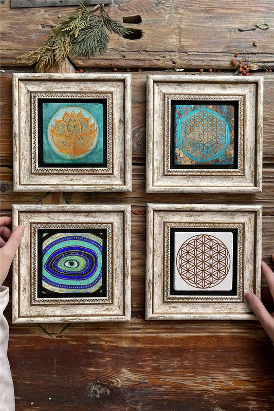 Framed Stone Painting Wall Decoration 8" x 8" Set of 4 Lotus Flower of Life Evil Eye